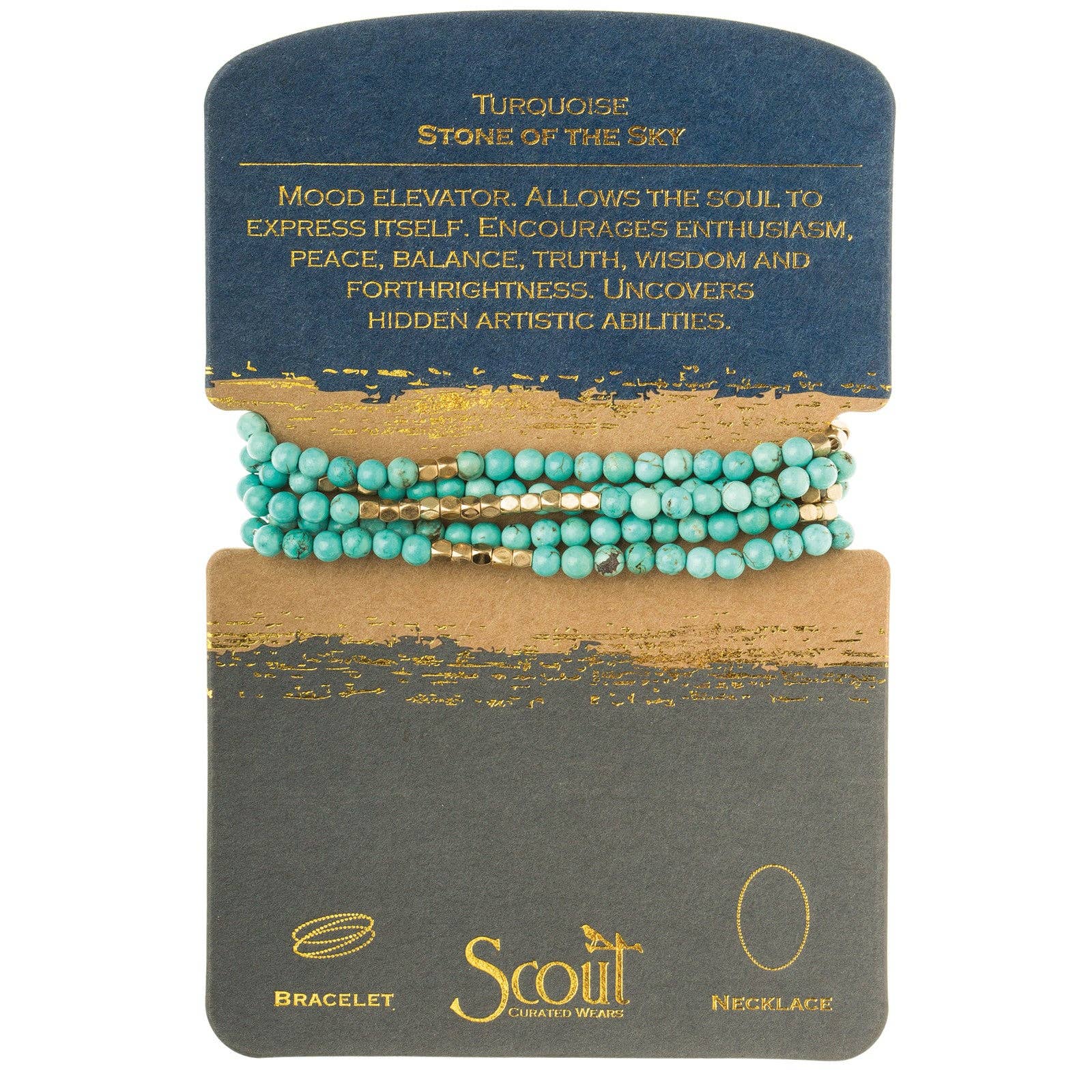 A turquoise and gold bracelet with a mix of semi-precious stone beads and plated brass, presented on a card with 'Stone of the Sky' text and branding details.
