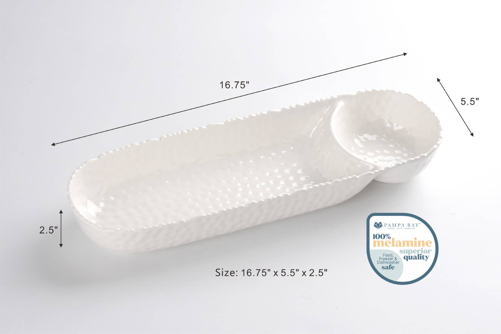 White ceramic serving dish with measurements on a light gray background