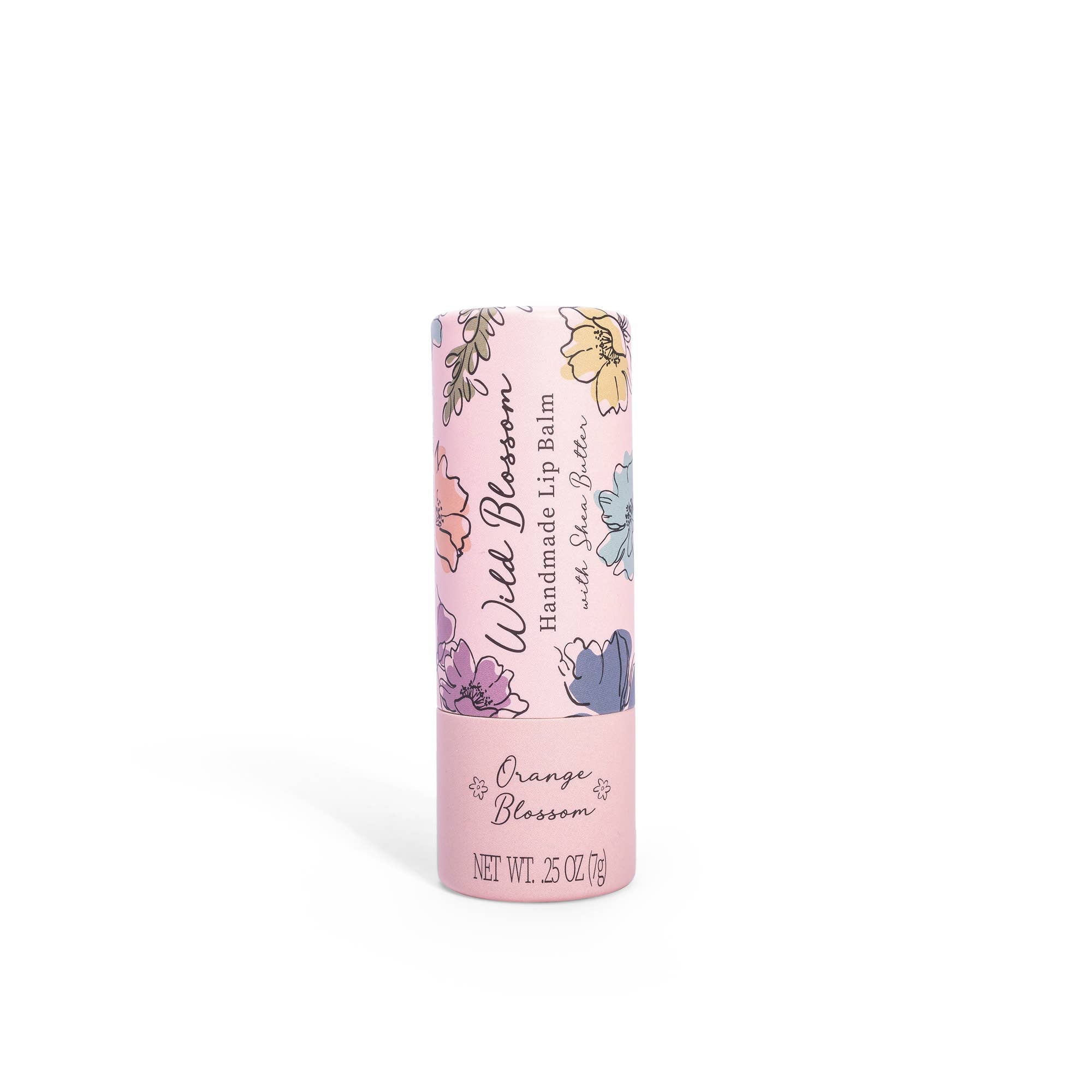 Pink lip balm tube with floral designs and text on a white background
