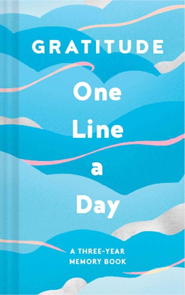 Book titled 'Gratitude One Line a Day' with blue wavy design on cover