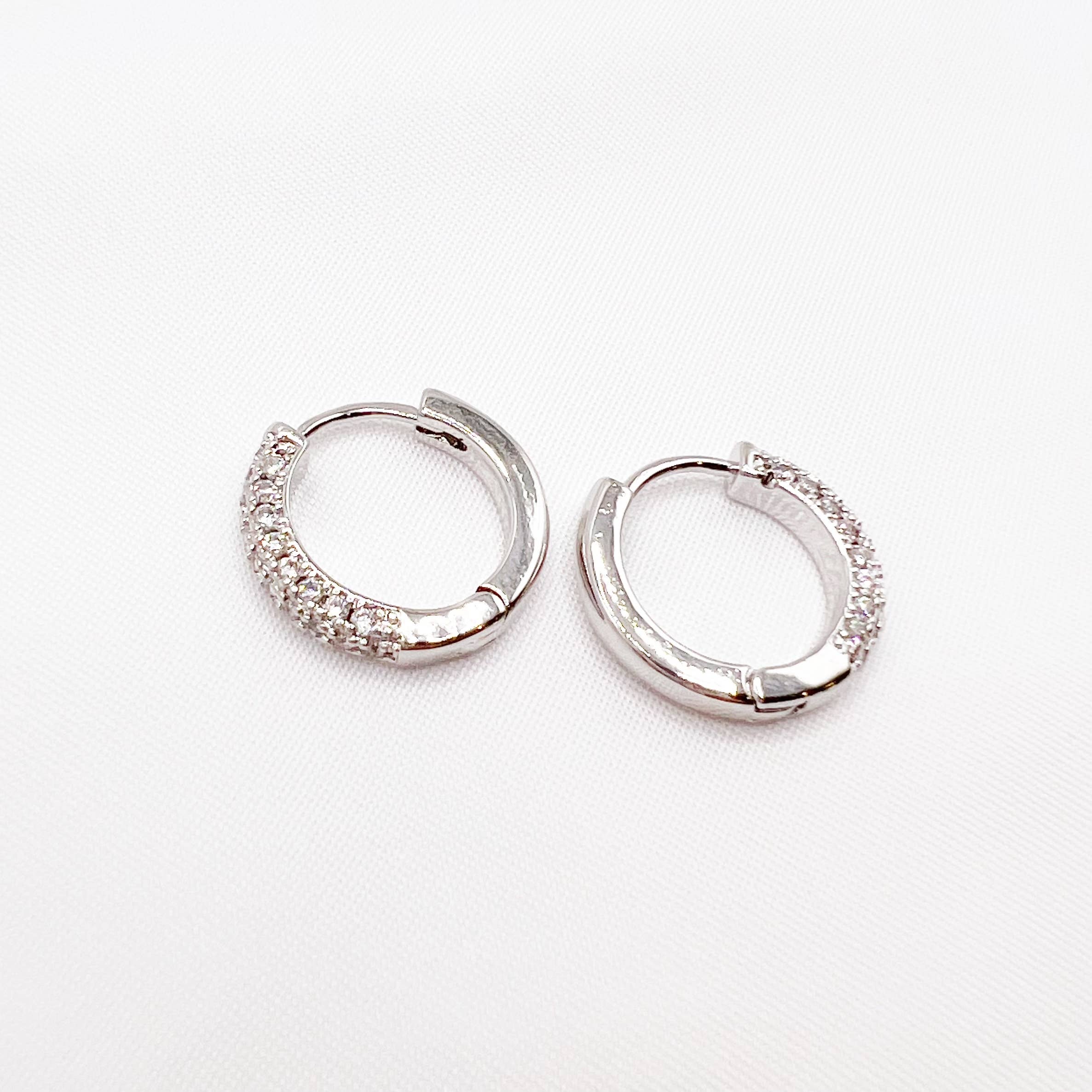 Glisten Pave Silver White Gold Filled Huggie Hoops Earrings
