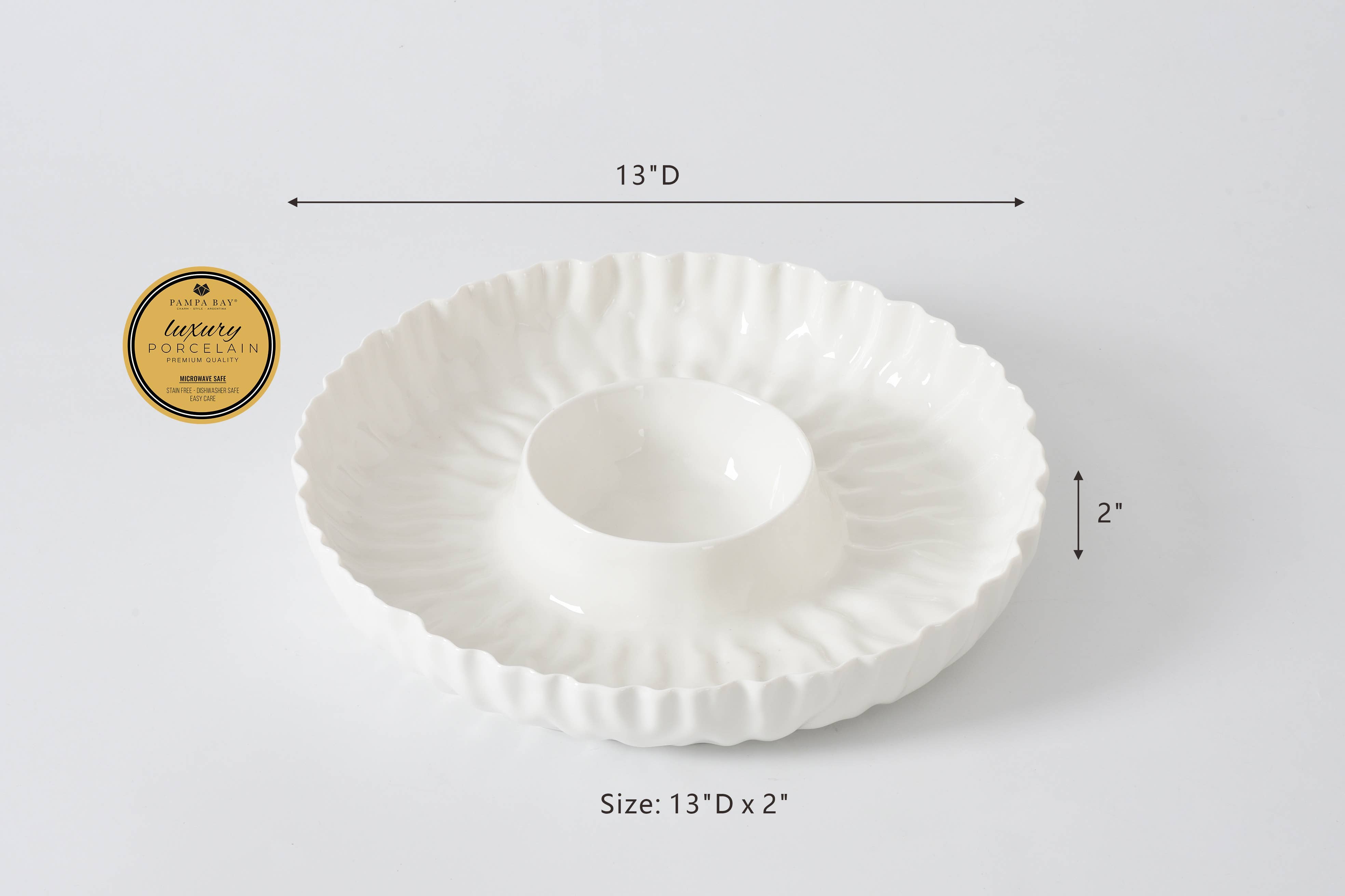 White ceramic dish with dimensions on a light gray background