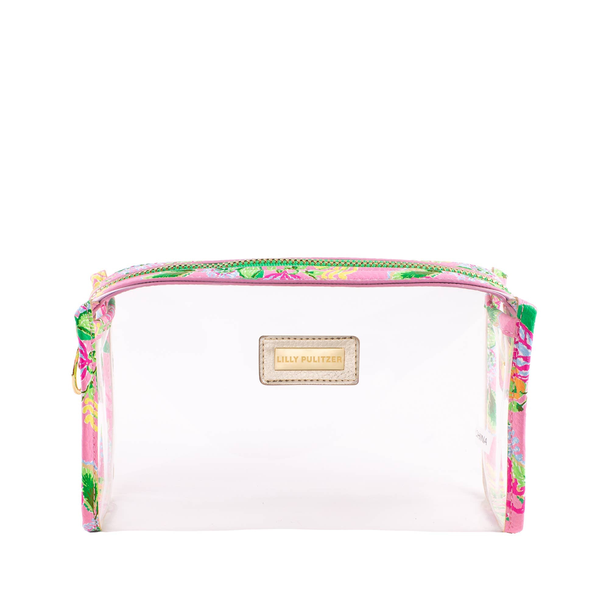 A clear vinyl pencil pouch with multicolored floral pattern trim and a gold metal logo plaque at the front.