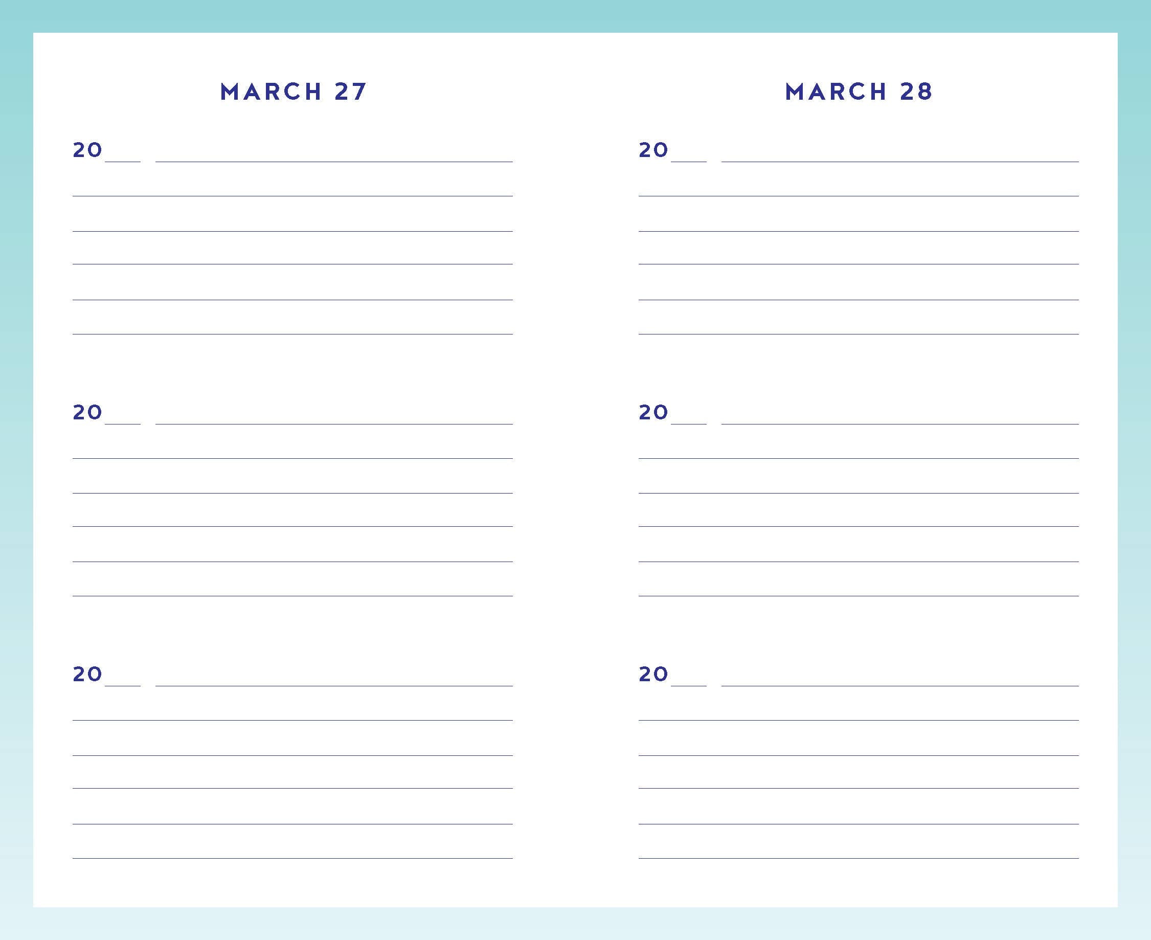 Two days of a planner with March 27 and March 28 on a light blue background