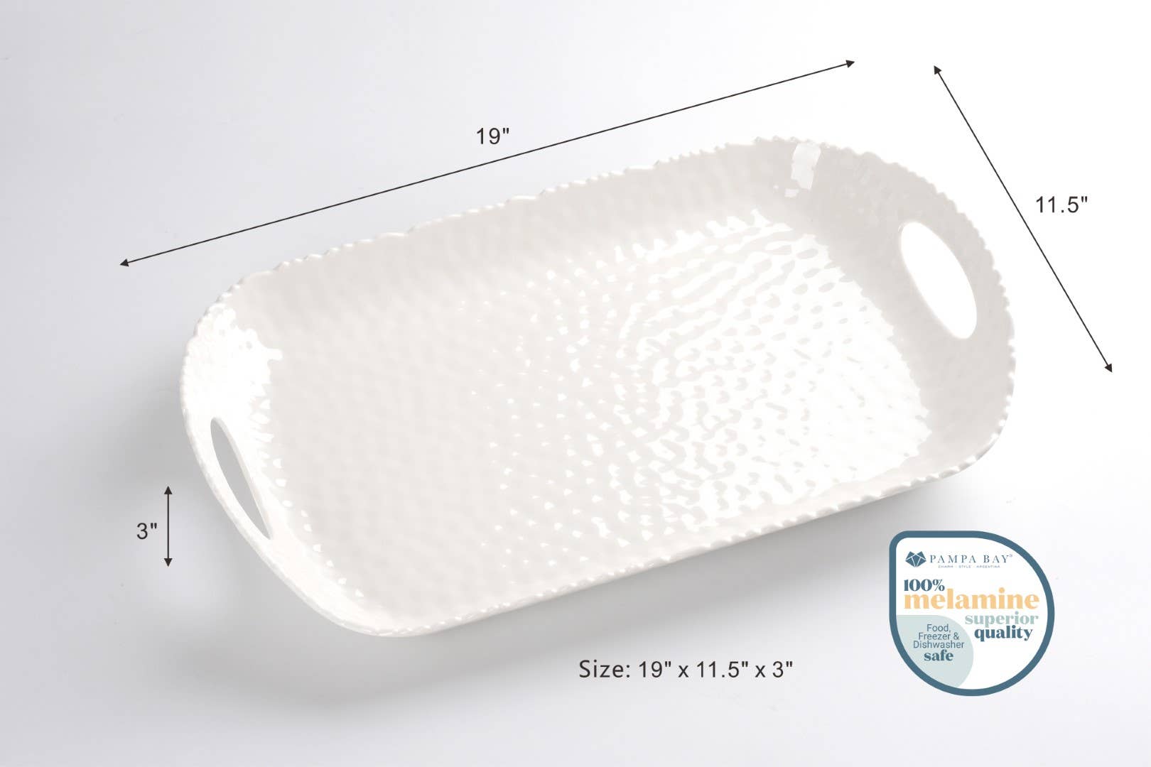 White textured serving tray with dimensions on a light gray background
