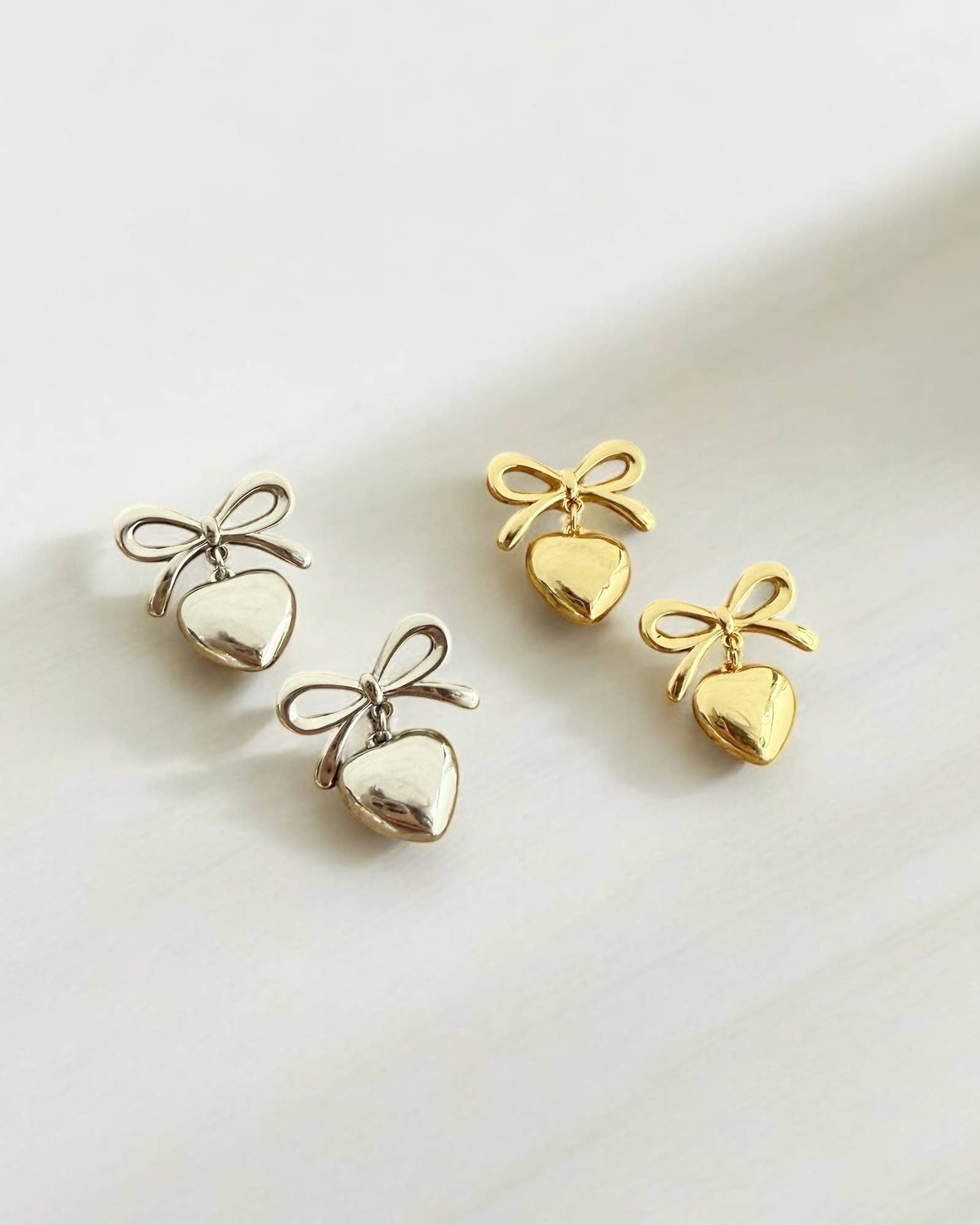 Cherish Bow Ribbon Heart Dangle Earrings Gold Filled Silver
