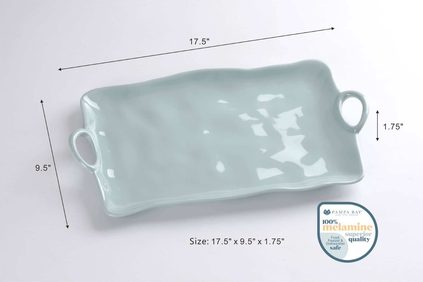 Rectangular ceramic tray with handles and measurements on a white background