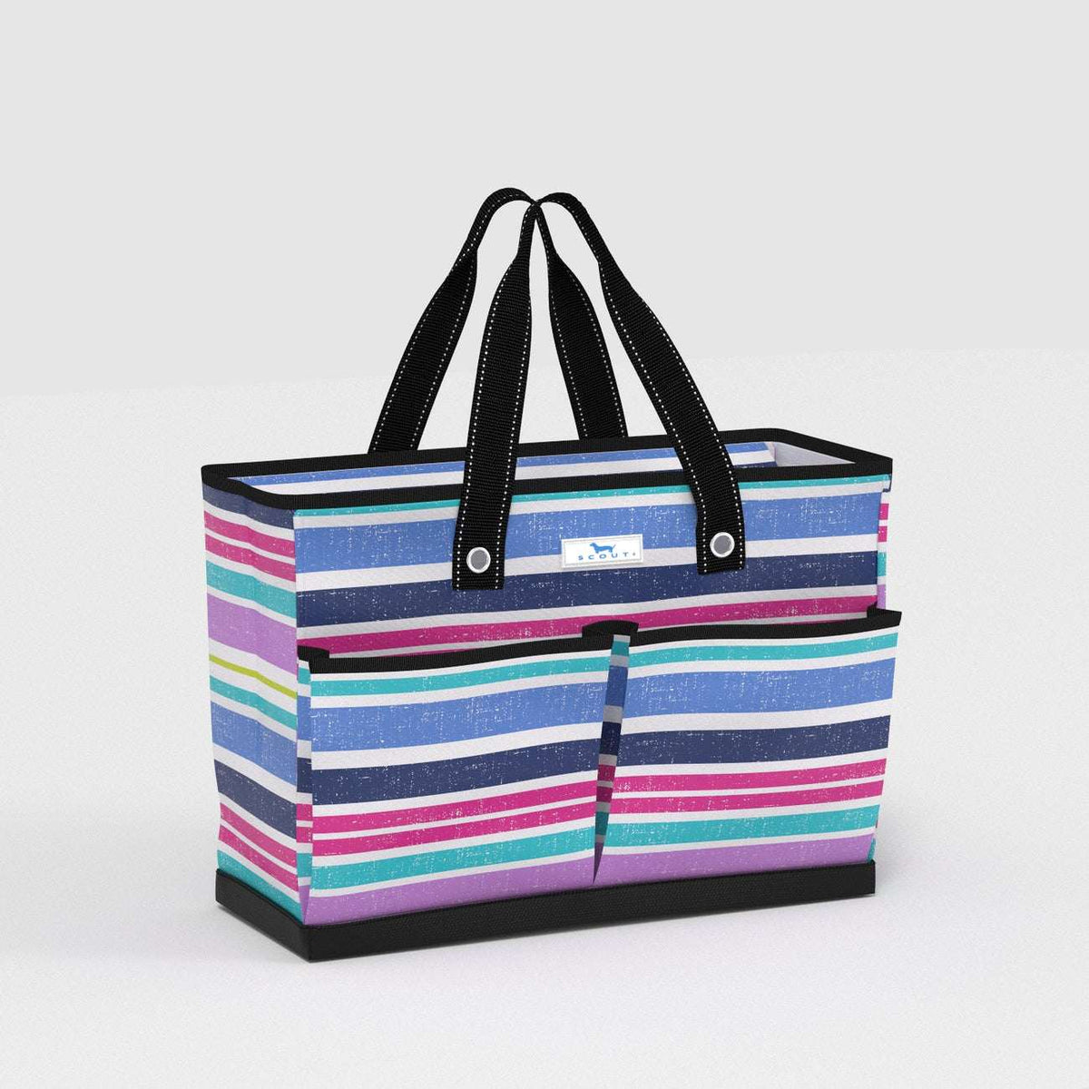 Striped tote bag with black handles on a light gray background