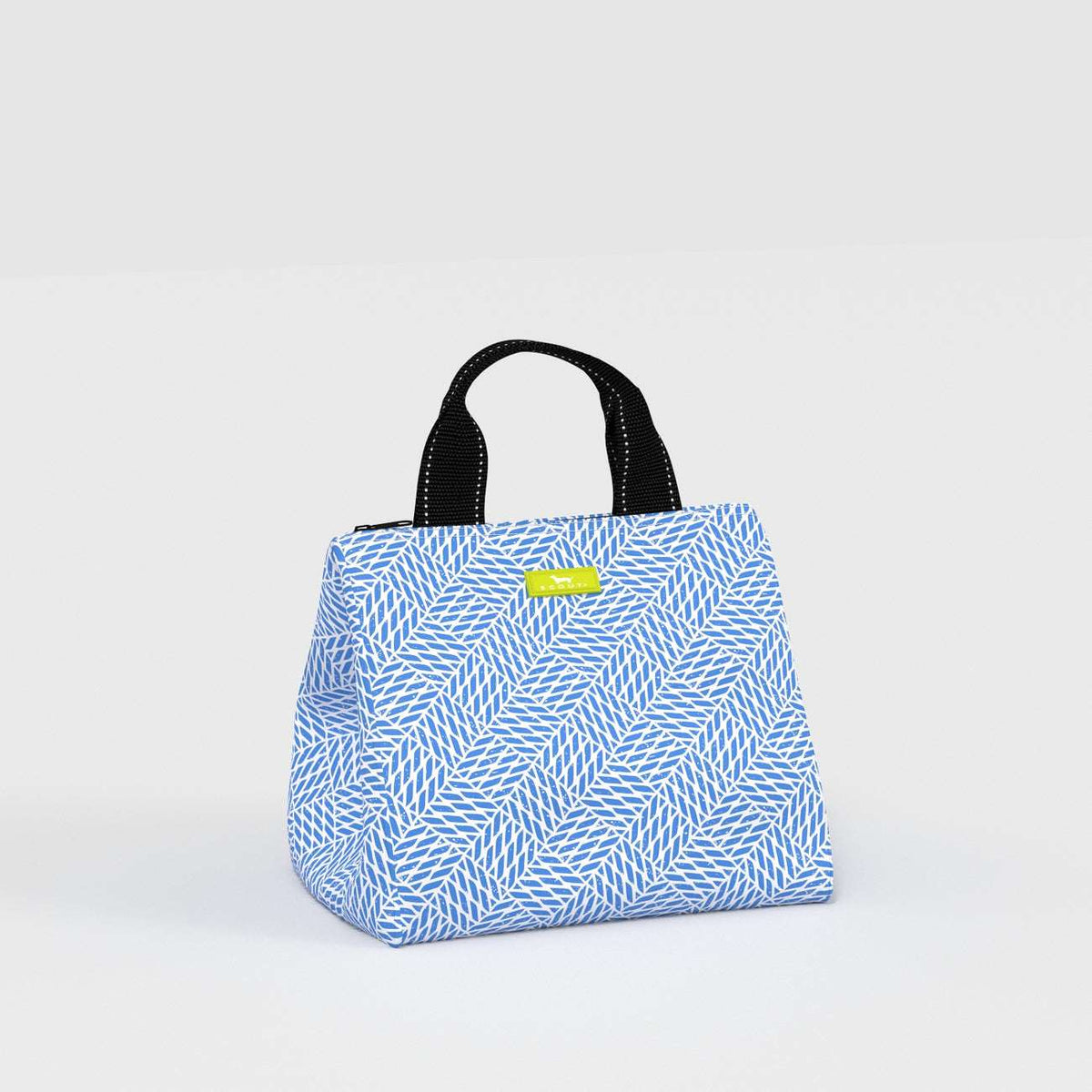 Blue patterned bag with a black handle on a light gray background