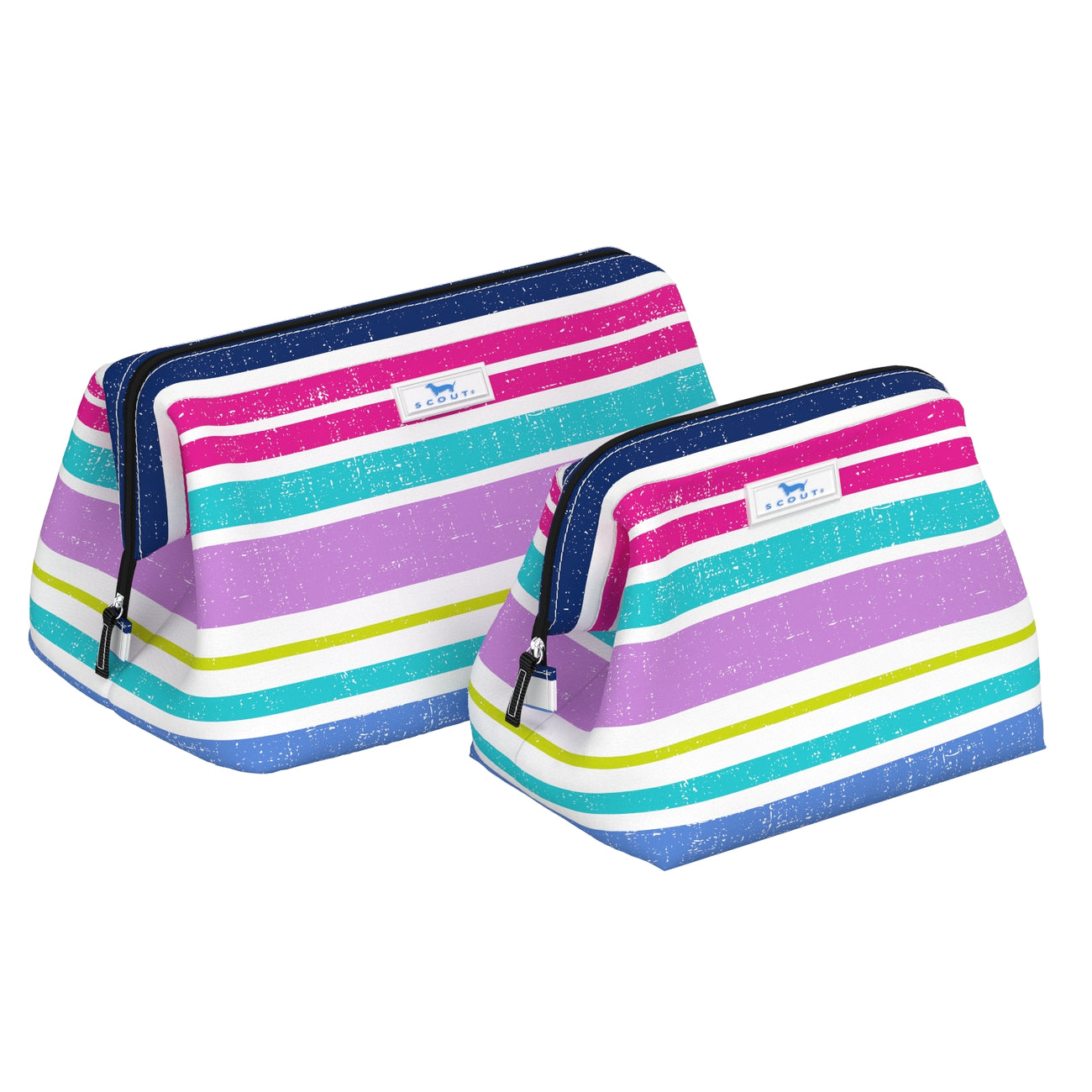 Two striped pouches with a visible brand logo on a white background