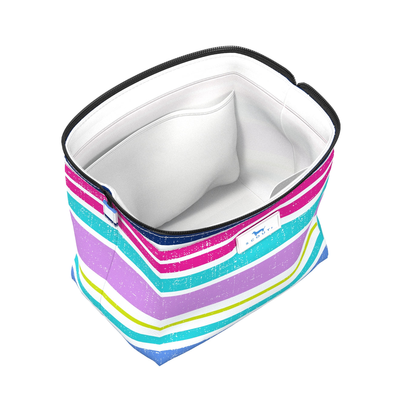 Colorful striped cooler bag with a white interior on a white background