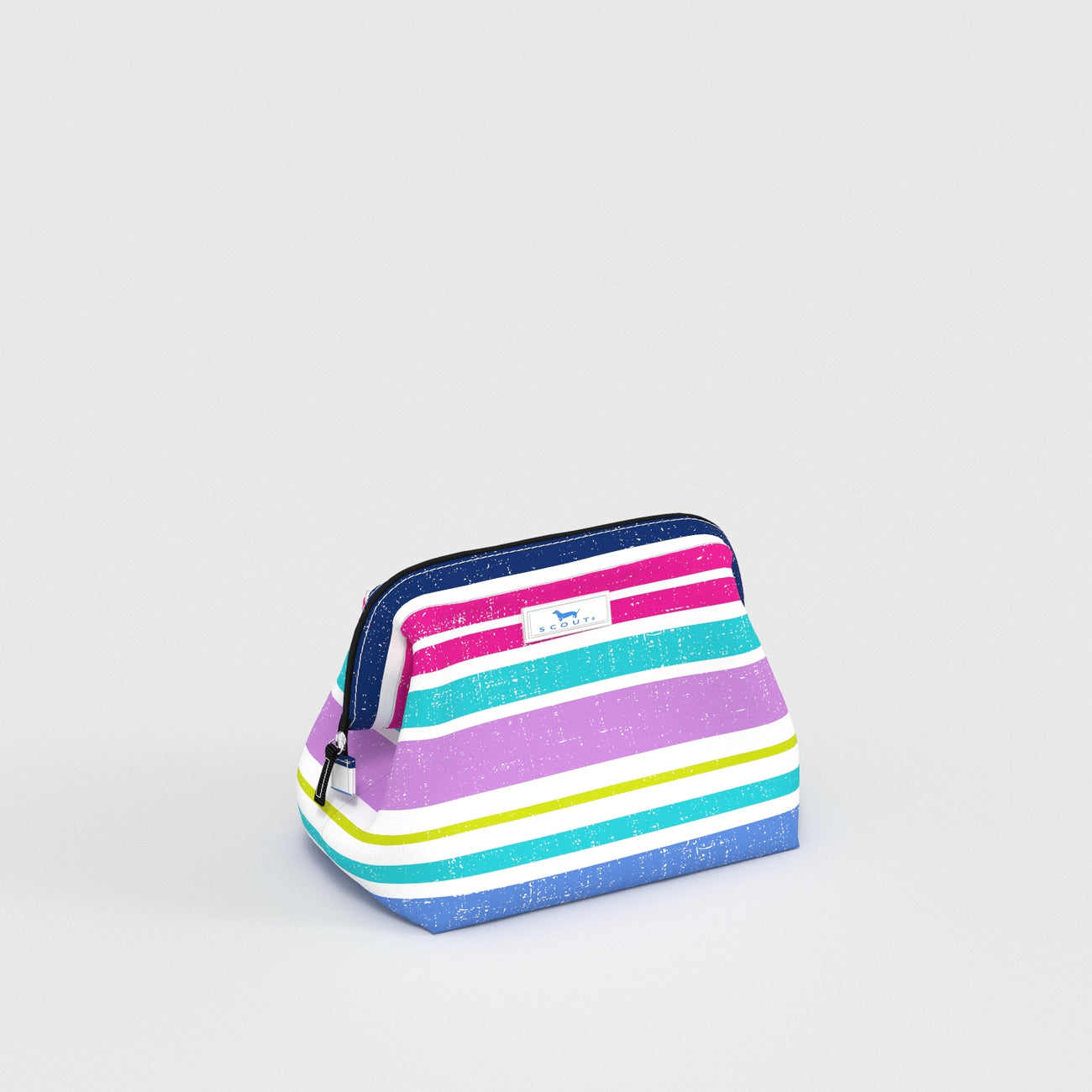 Striped pouch with a brand logo on a light gray background