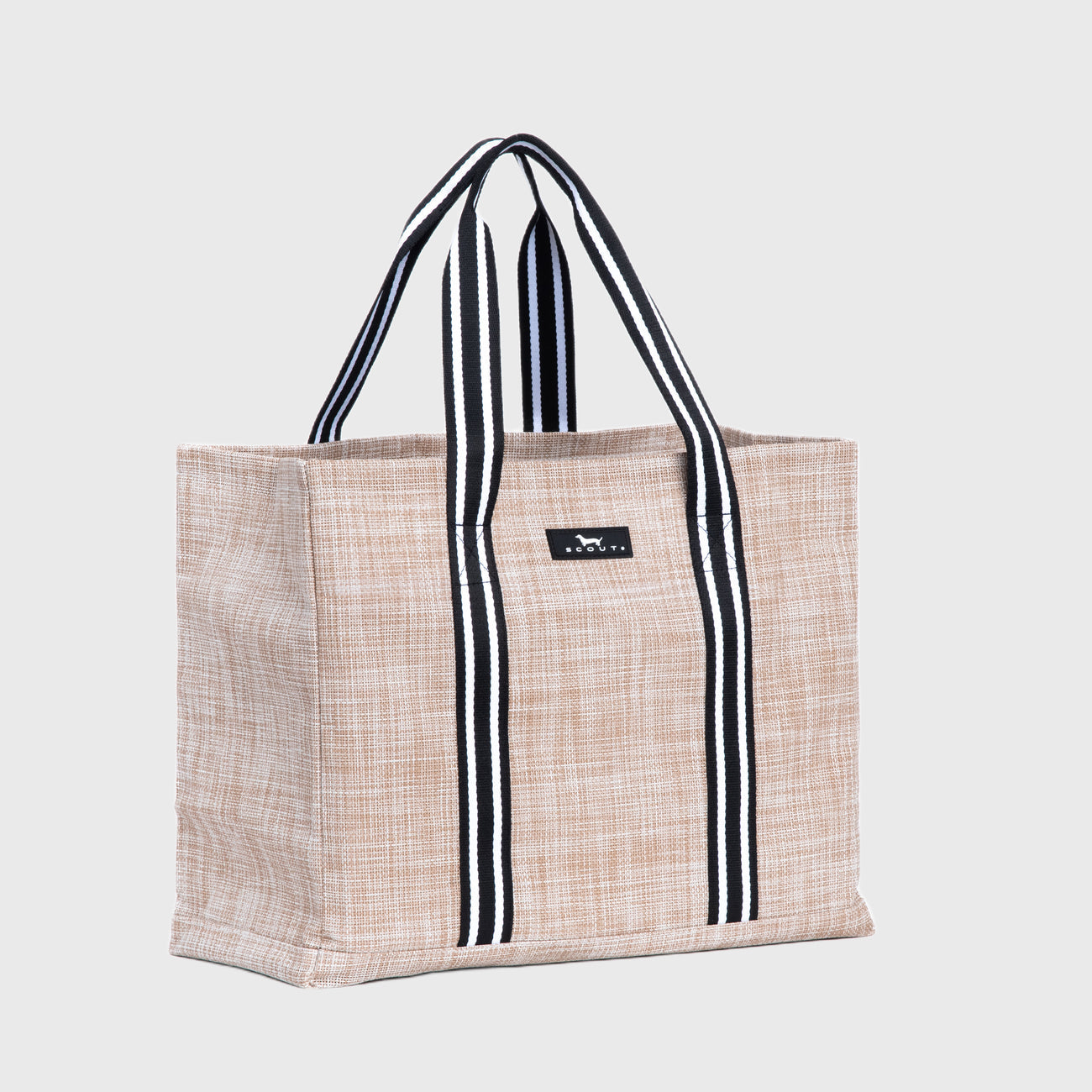 Beige tote bag with black and white striped handles on a light gray background