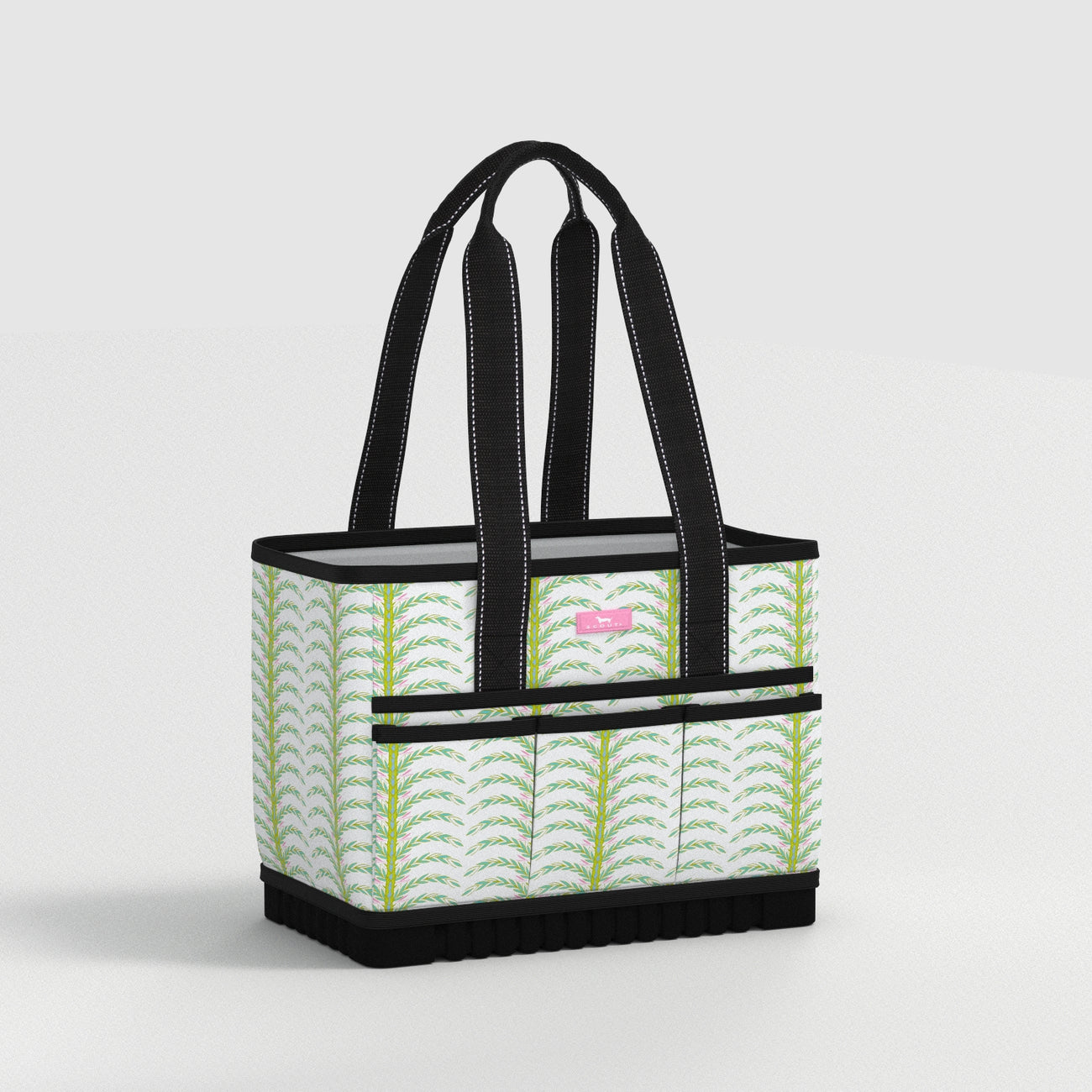Tote bag with green leaf pattern on a light gray background