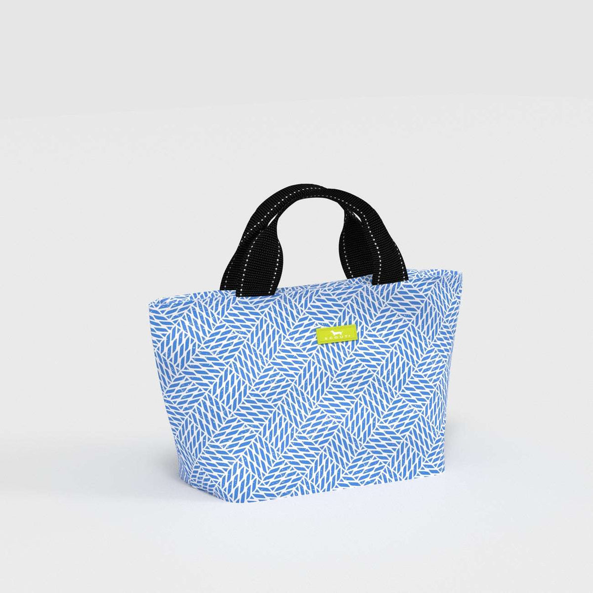 Blue patterned tote bag with a black handle on a light gray background