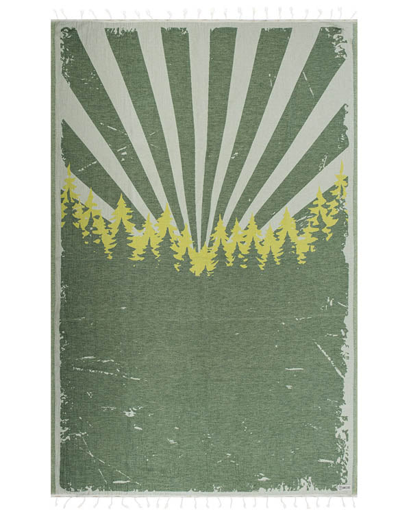 Green and yellow abstract design with sunburst pattern on a textured background