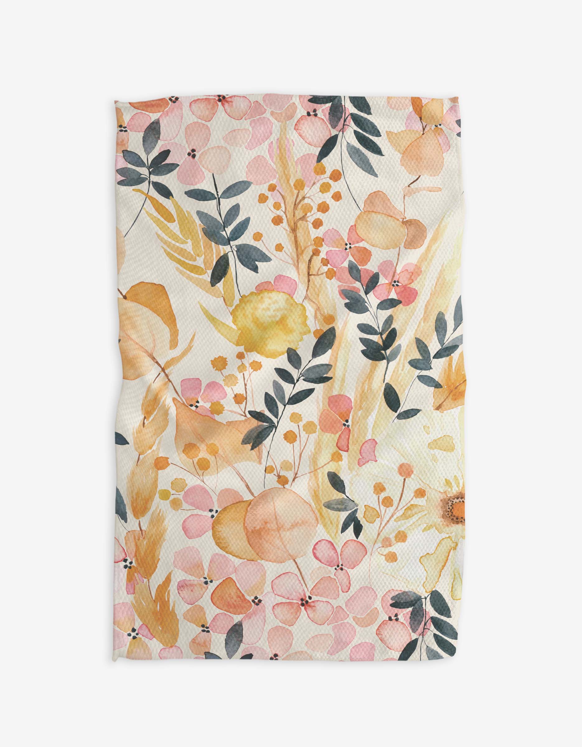 A kitchen tea towel with a floral pattern in shades of pink, orange, and green, laid out flat.
