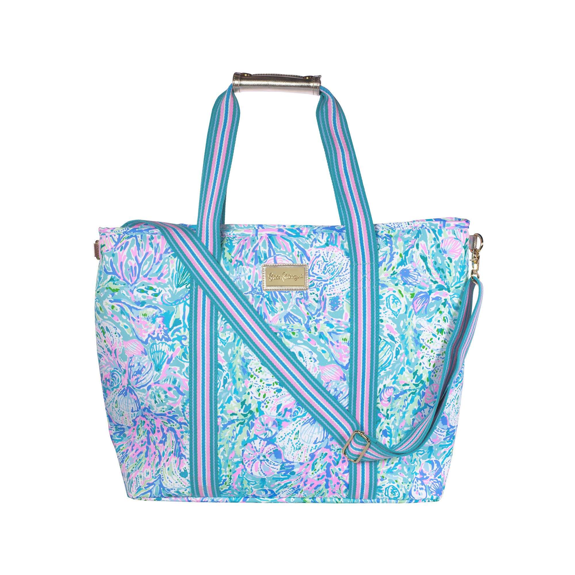 Picnic Cooler, Soleil It On Me pink and blue cooler against white background 
