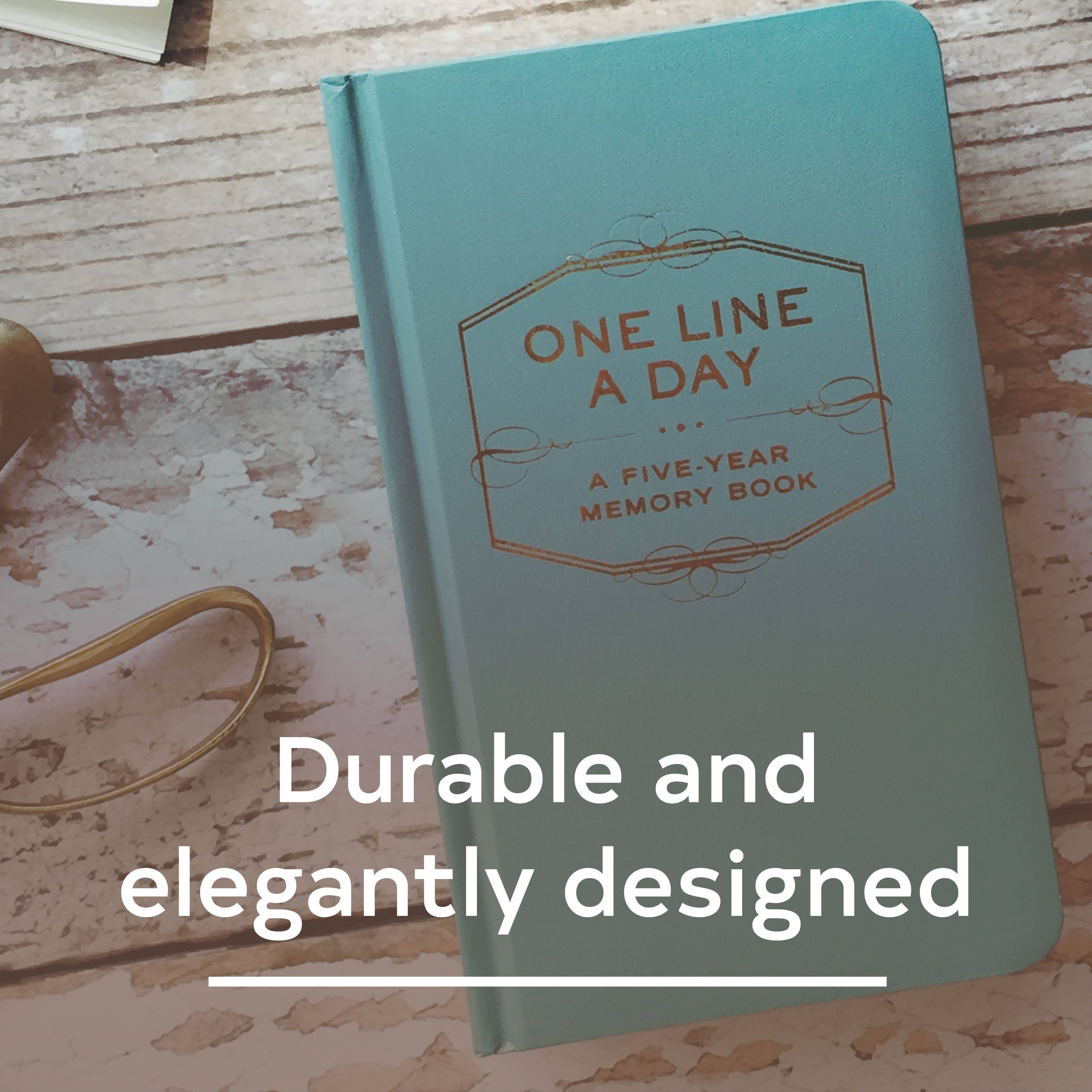 Teal memory book titled 'One Line a Day' on a wooden surface with text 'Durable and elegantly designed'.