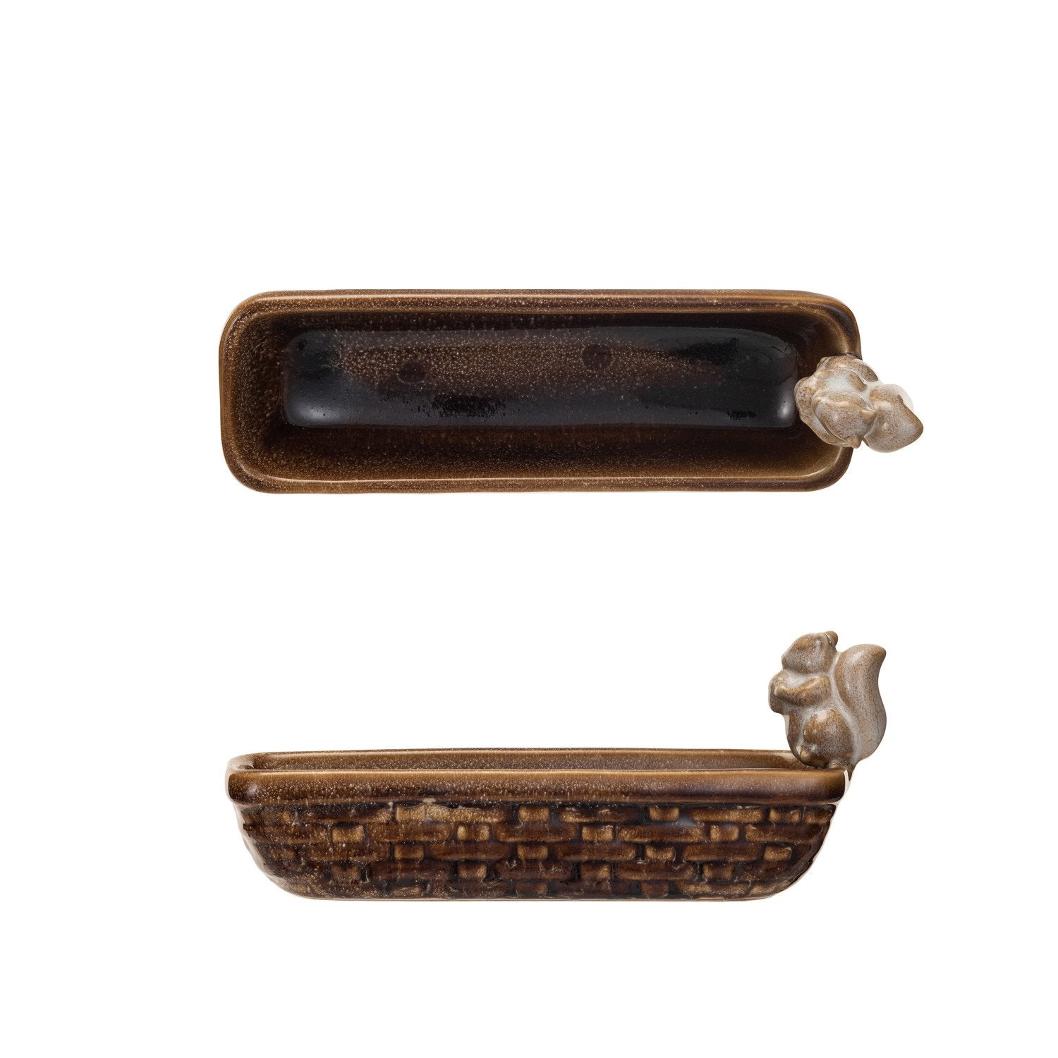 Stoneware Dish w/ Debossed Pattern & Squirrel Holding Acorn (Each One Will Vary)