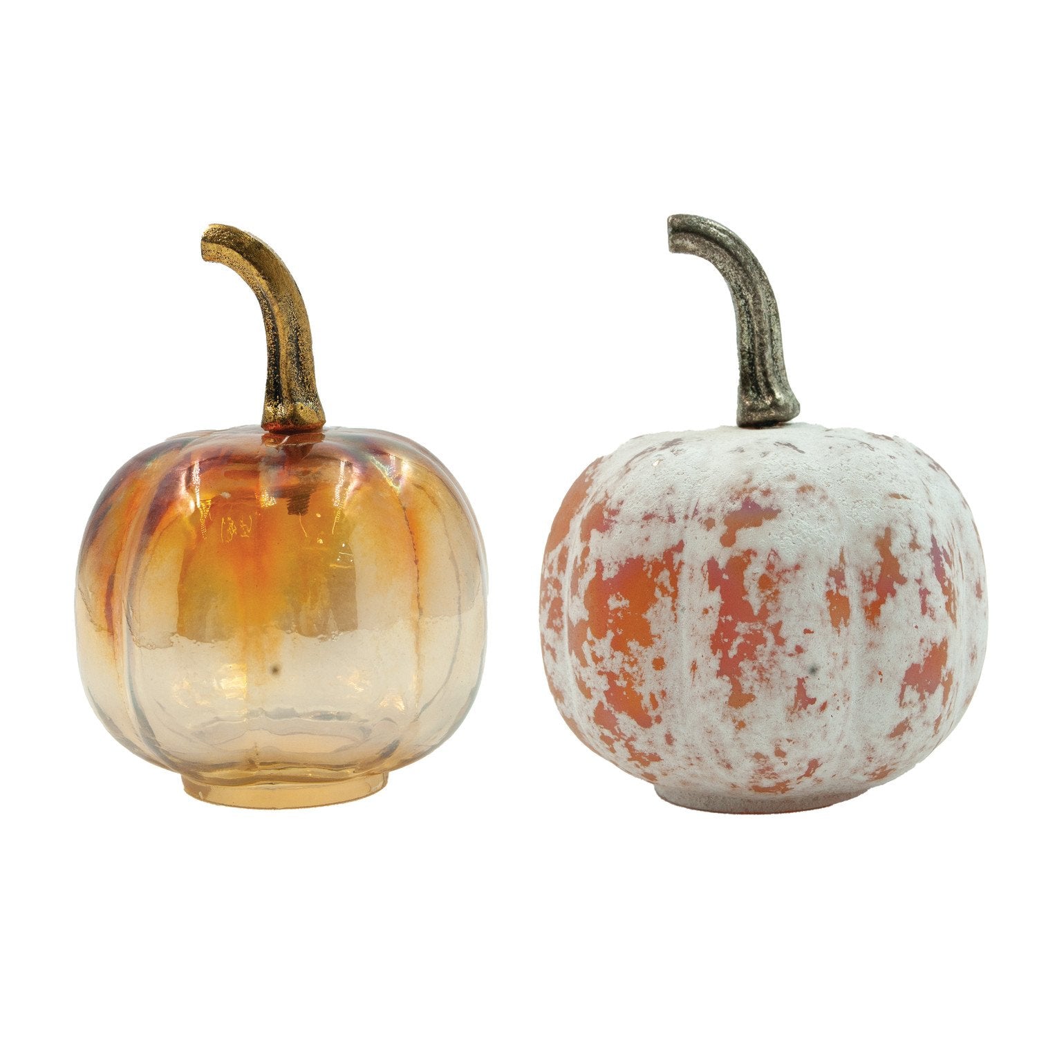 Glass Pumpkin with Stem, Distressed/Iridescent Finish, 2 Styles