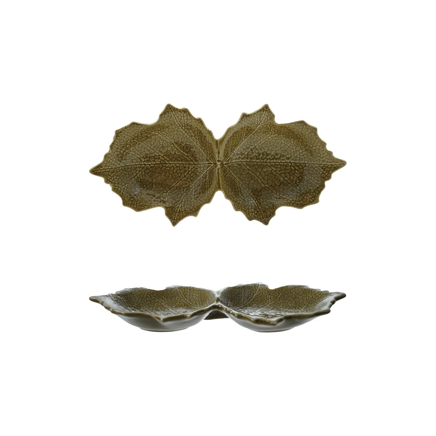 Ceramic Maple Leaf Shaped Bowl with 2 Sections, Brown