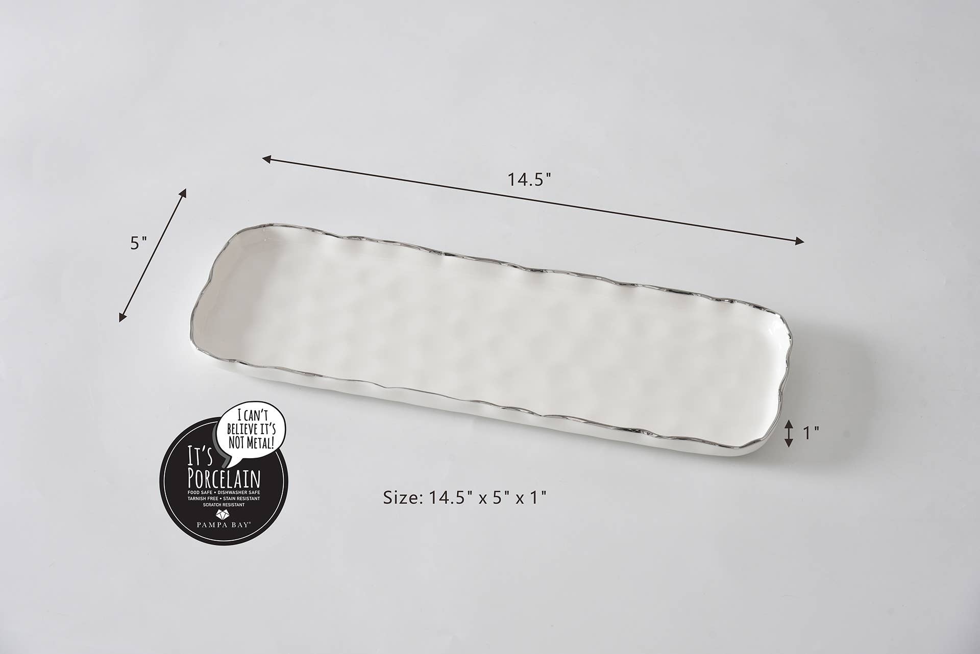 Rectangular ceramic plate with measurements on a white background