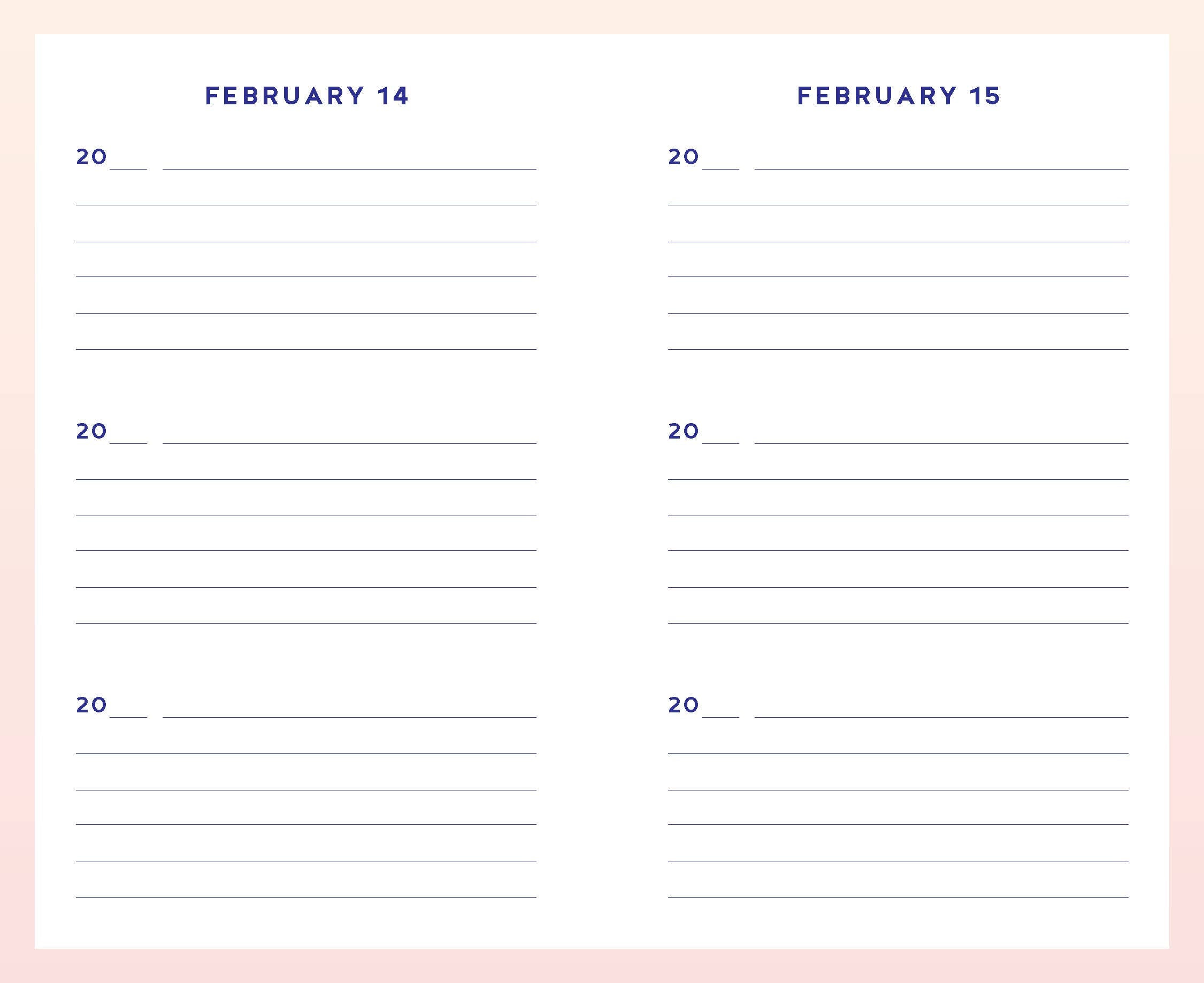 Calendar page with February 14 and February 15 on a light pink background
