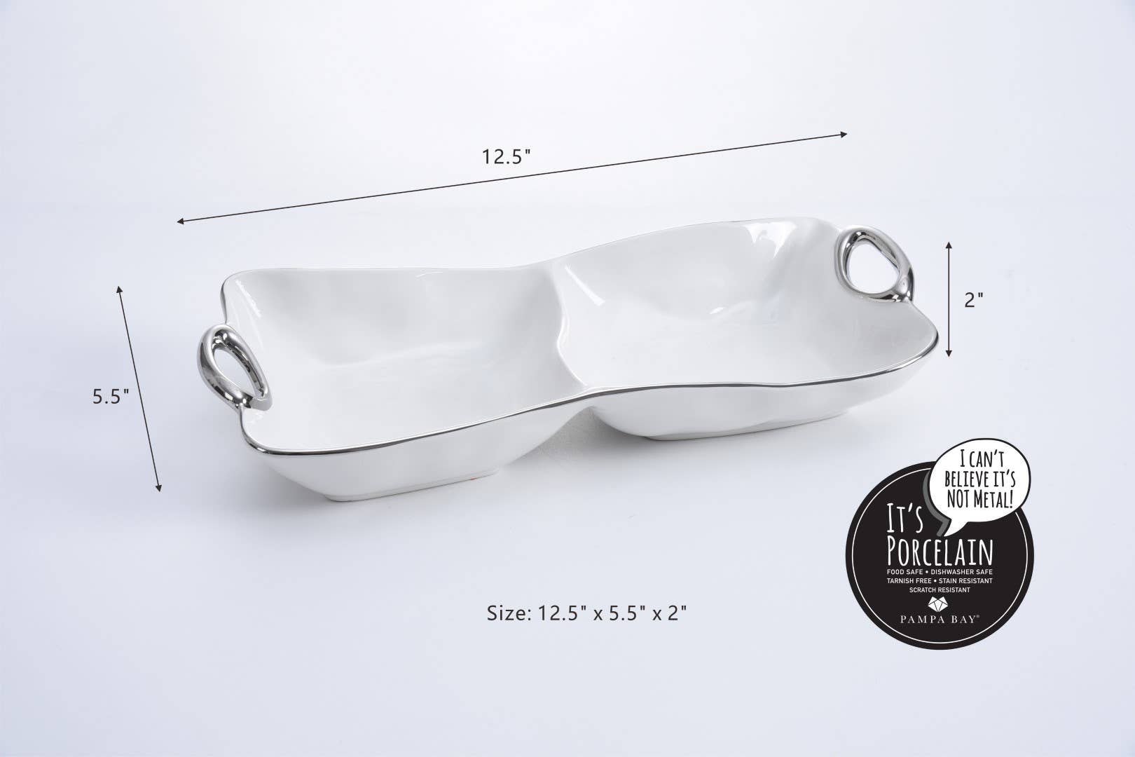 White porcelain dish with handles and dimensions on a white background
