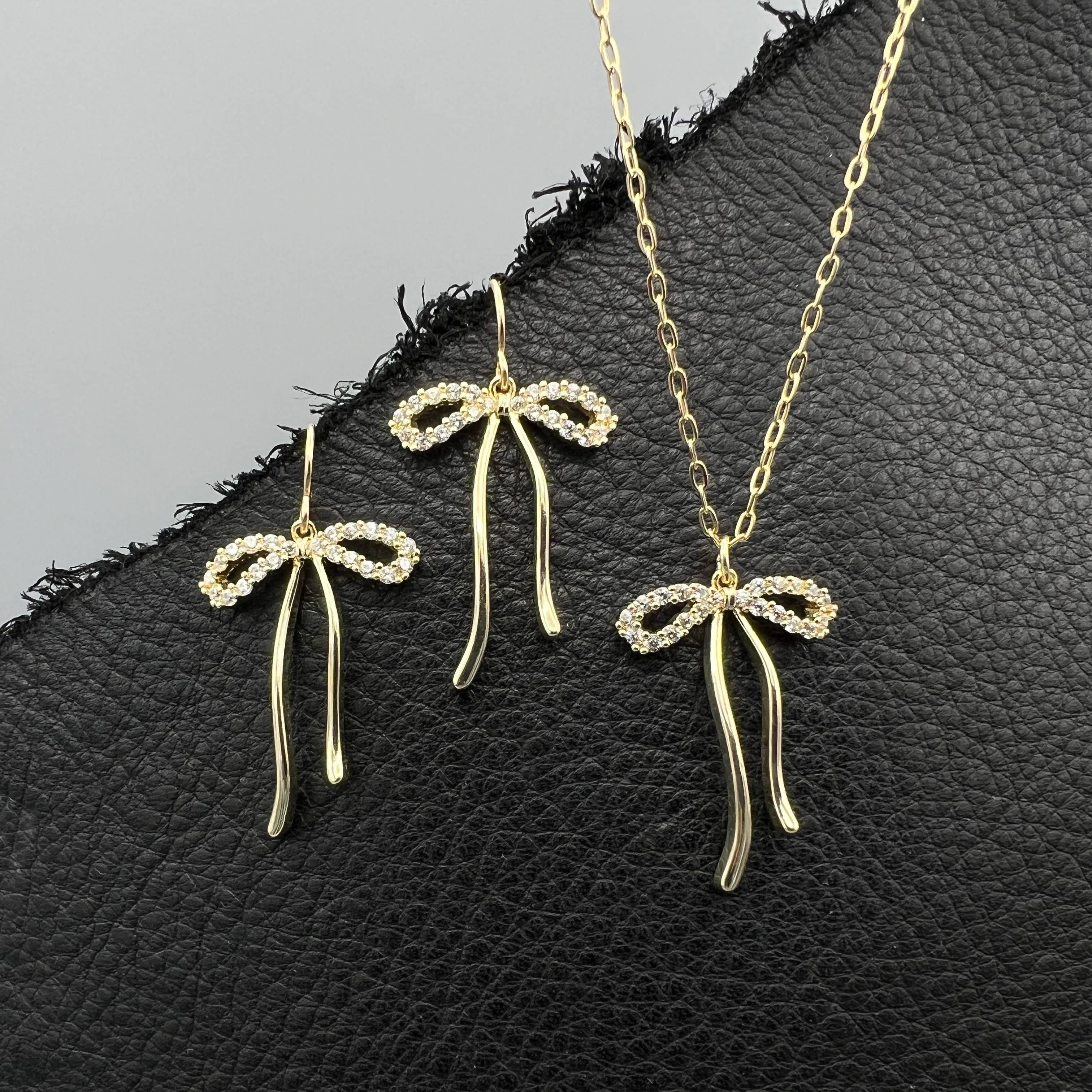 Long Gold Filled Pavé CZ Bow Earrings