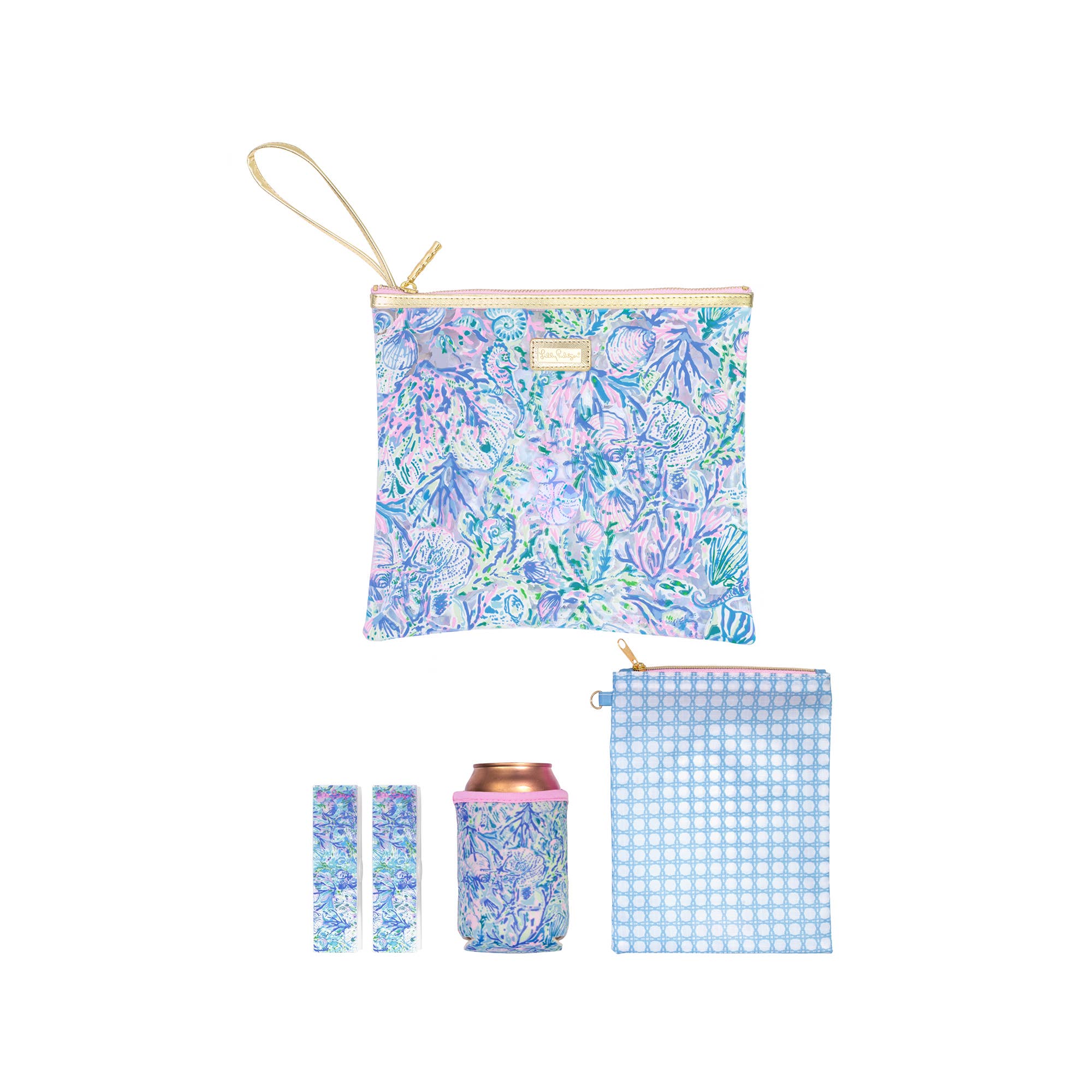 A collection of beach day pouches and accessories, featuring a multicolored floral print and a gold Lilly logo plaque.