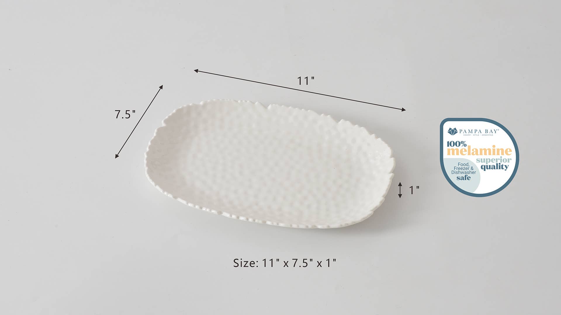 White ceramic platter with dimensions and a quality assurance label on a gray background