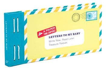Notebook with envelope design and 'Letters to My Baby' text on a yellow background