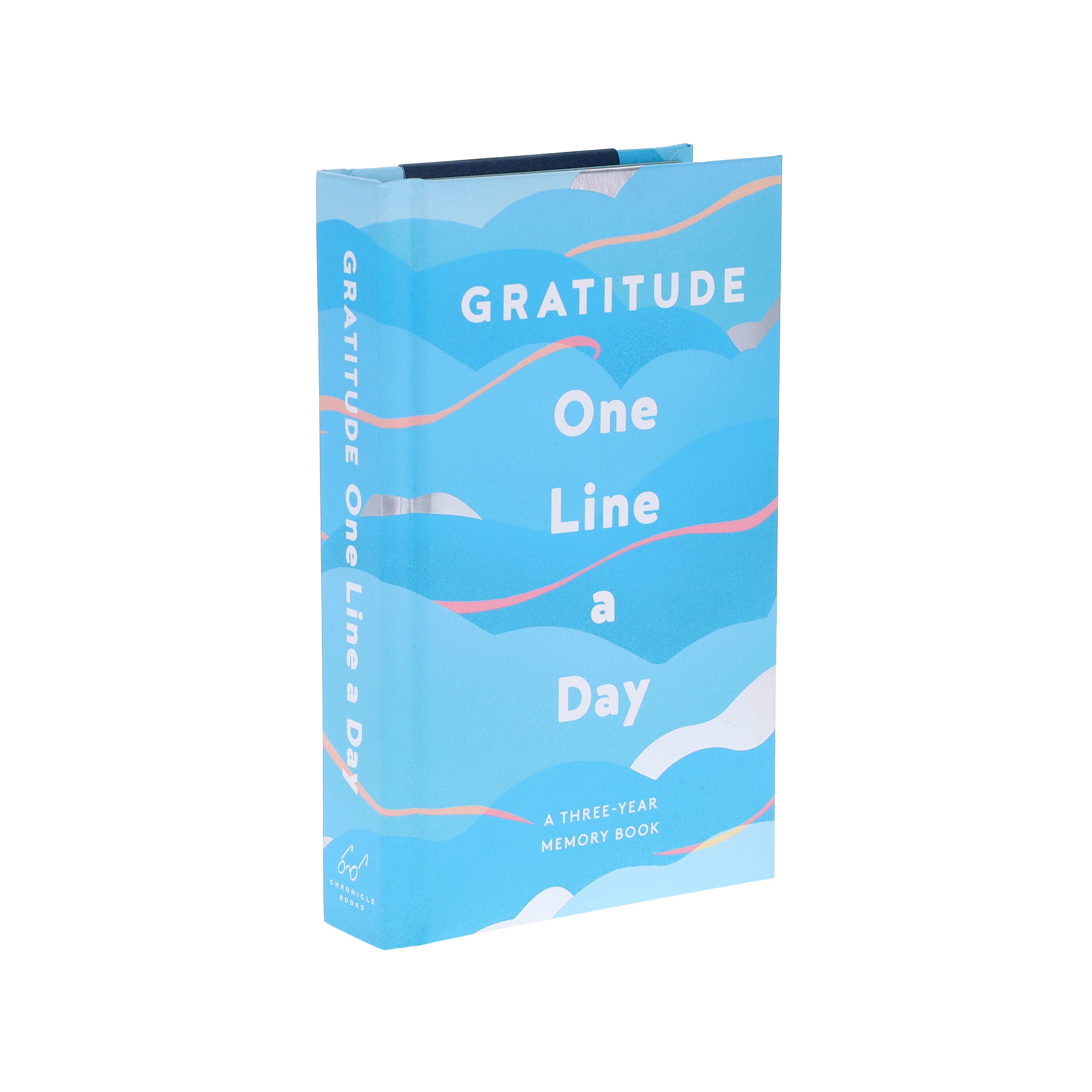 Blue book titled 'Gratitude One Line a Day' on a white background