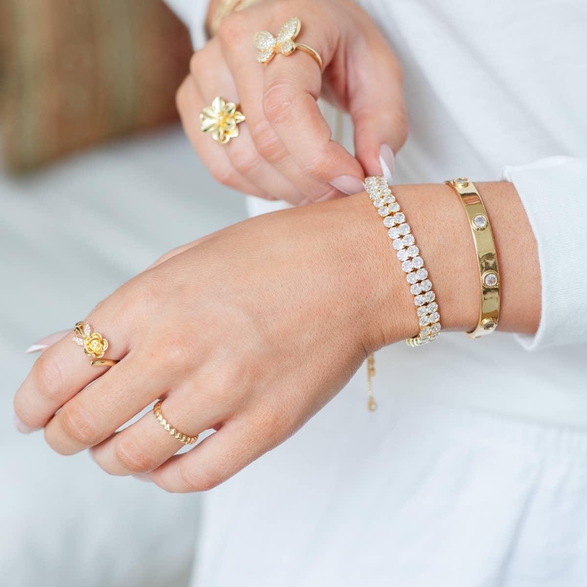 Double Row Faux Diamond Tennis Bracelet: Gold
