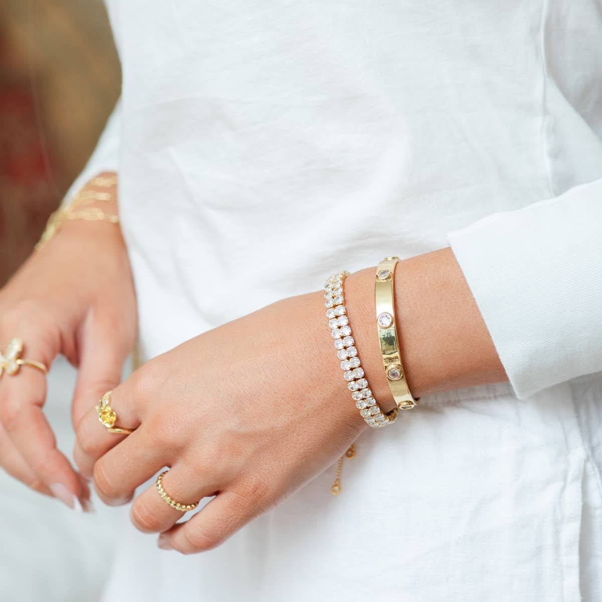 Double Row Faux Diamond Tennis Bracelet: Gold