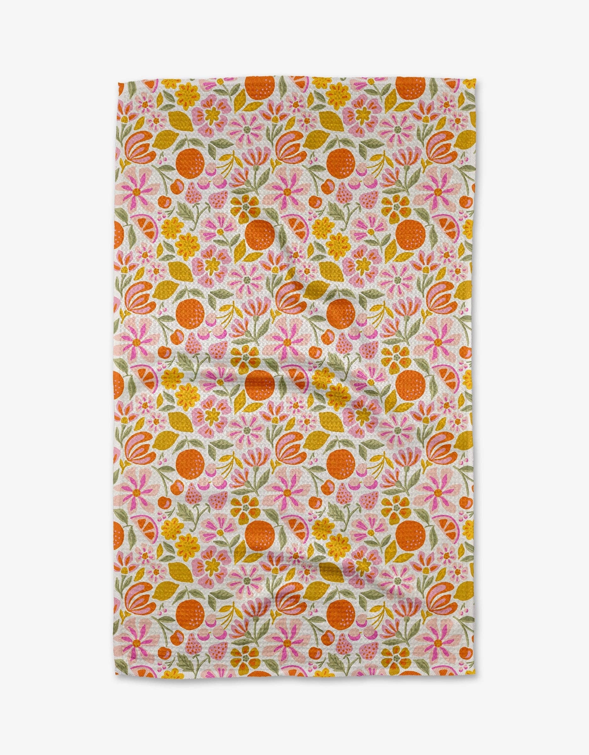 Floral patterned towel with pink, orange, and green colors on a white background