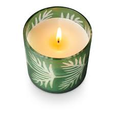 Candle in a green container with leaf pattern on a white background