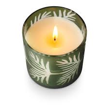 Candle in a green container with leaf patterns on a white background