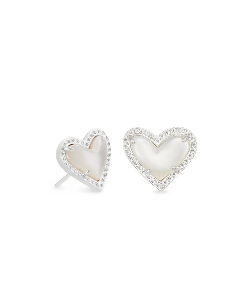 Ari Heart Stud Earrings- Rhodium Ivory Mother of Pearl