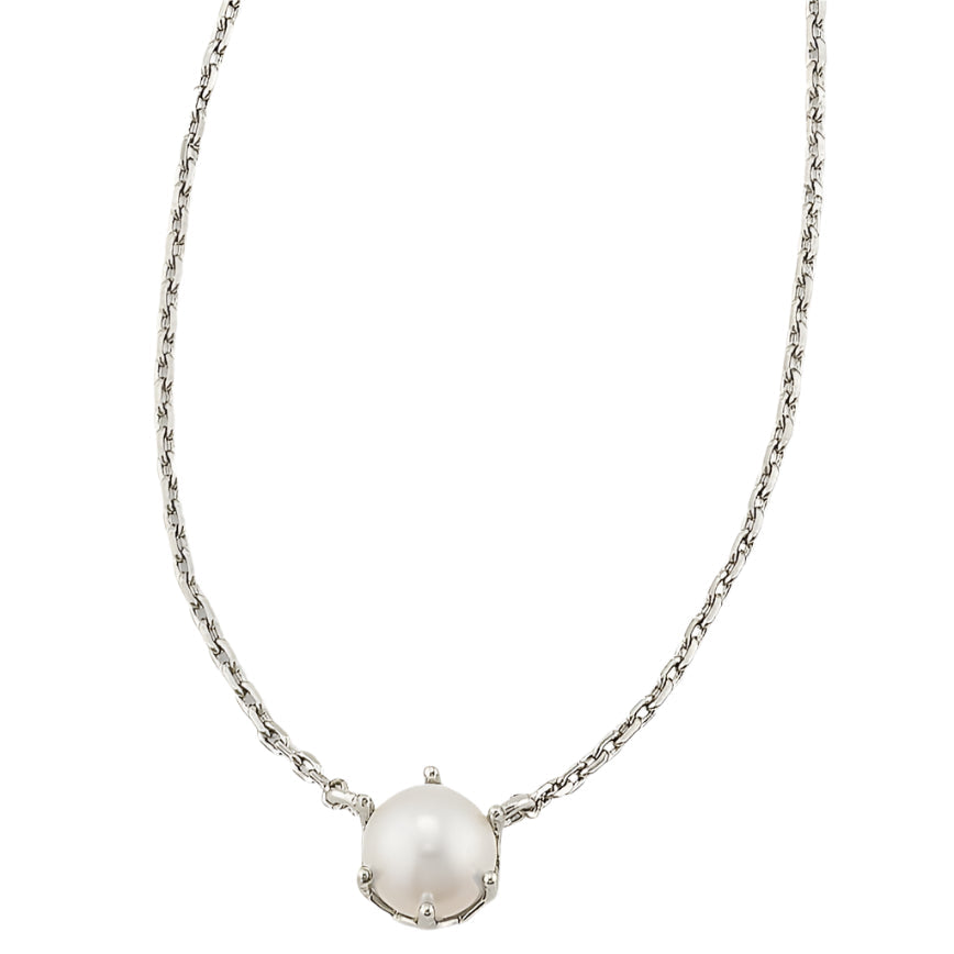 A silver chain necklace featuring a single white pearl pendant in a bezel setting, shown against a plain white background.