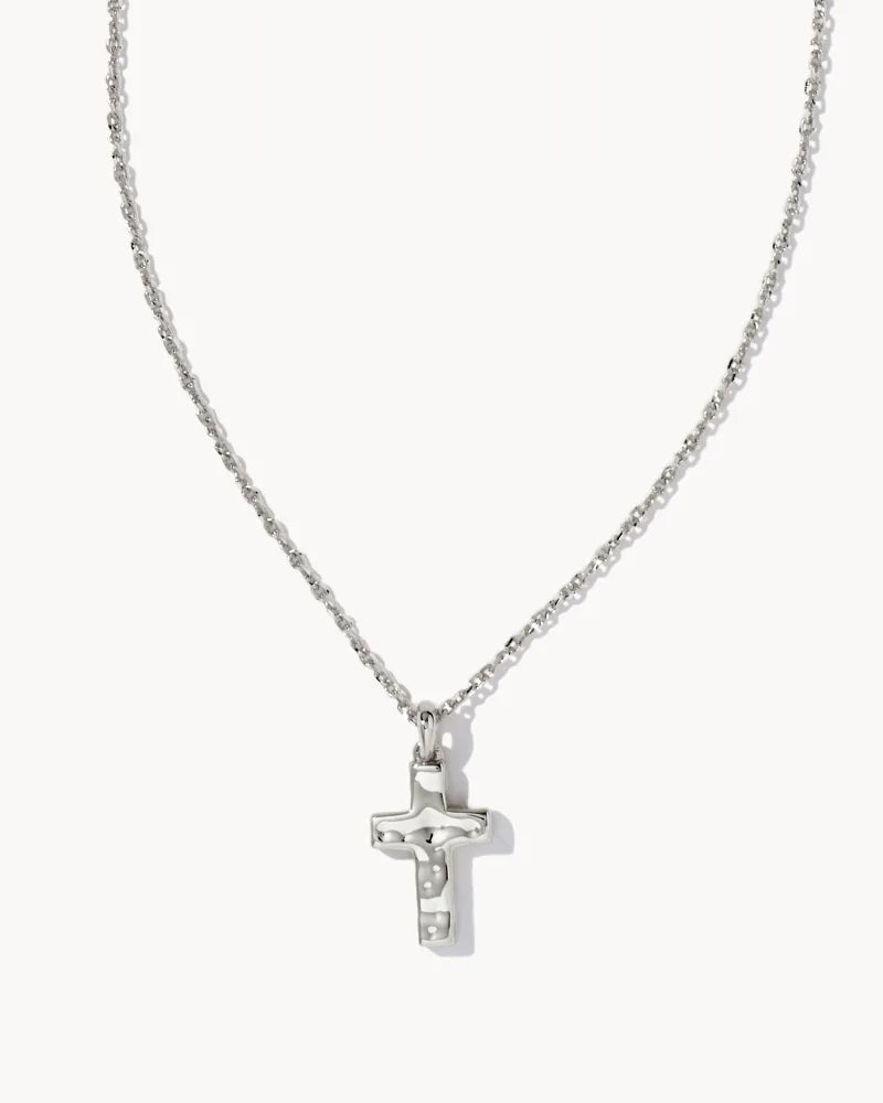 A silver pendant necklace featuring a cross design, displayed against a white background.