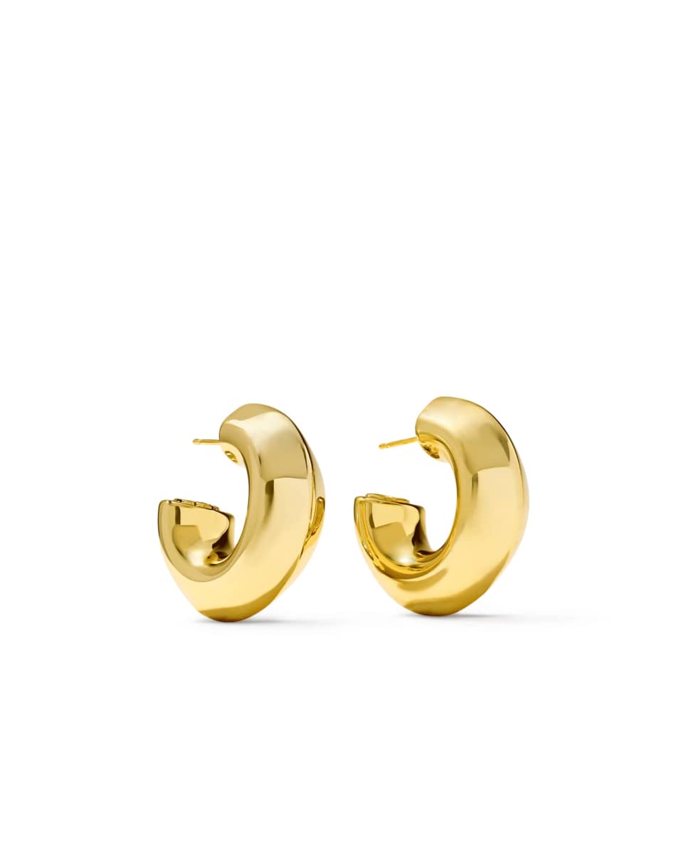 A pair of polished gold huggie hoop earrings shown on a clean white background.