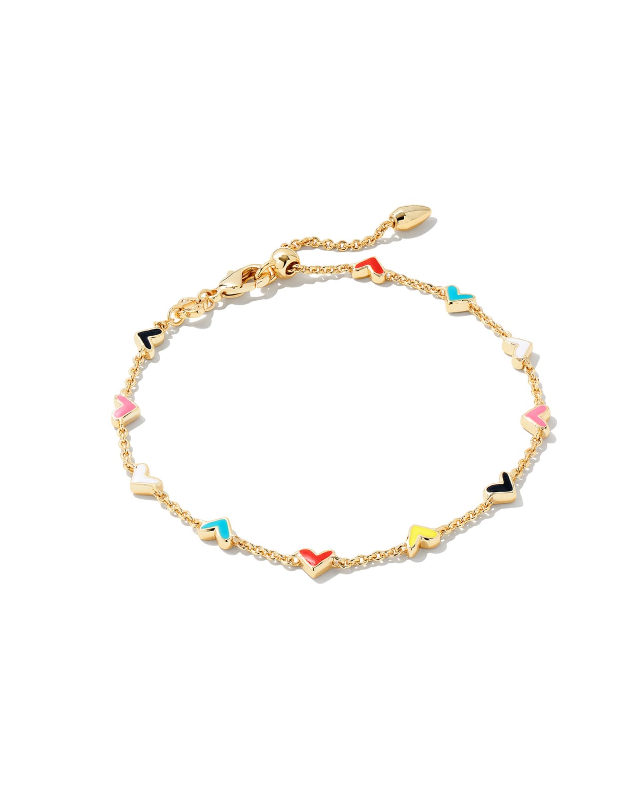 Gold bracelet with colorful heart-shaped charms on a white background