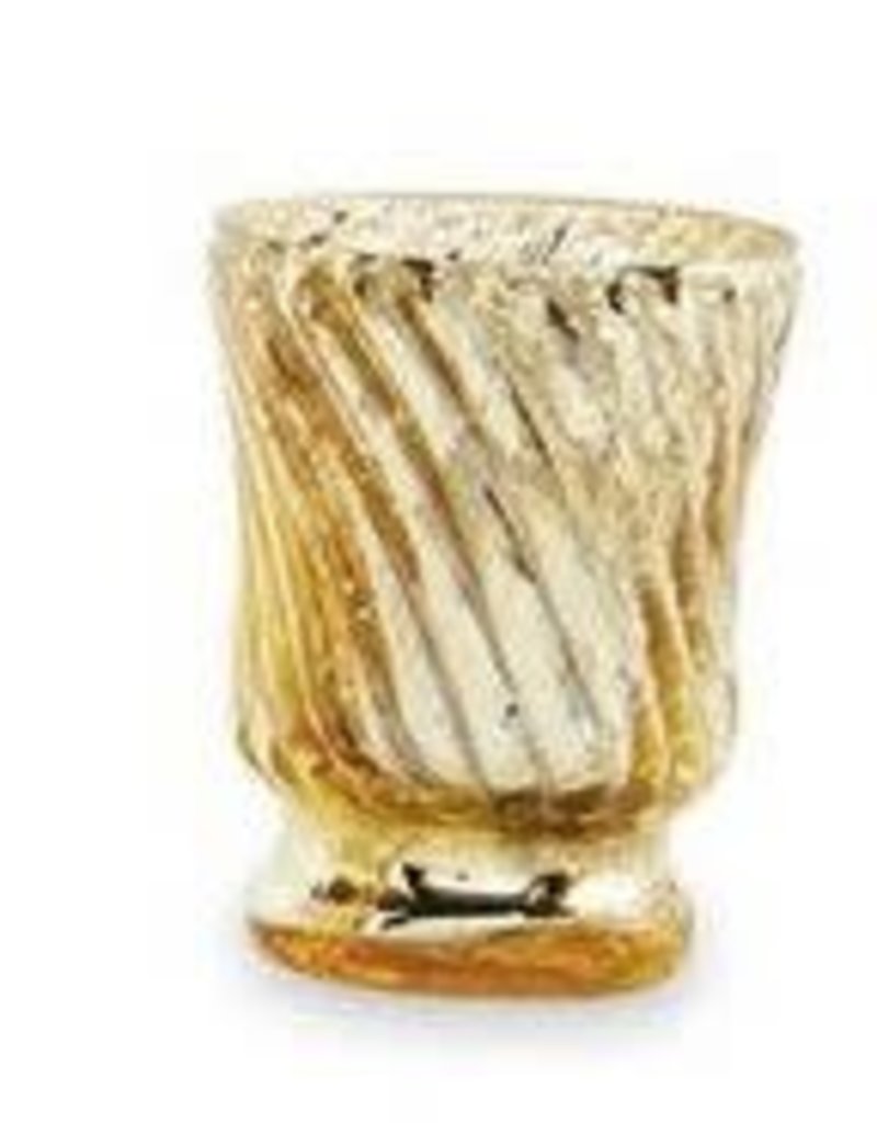 Gold decorative object with ribbed texture on a white background