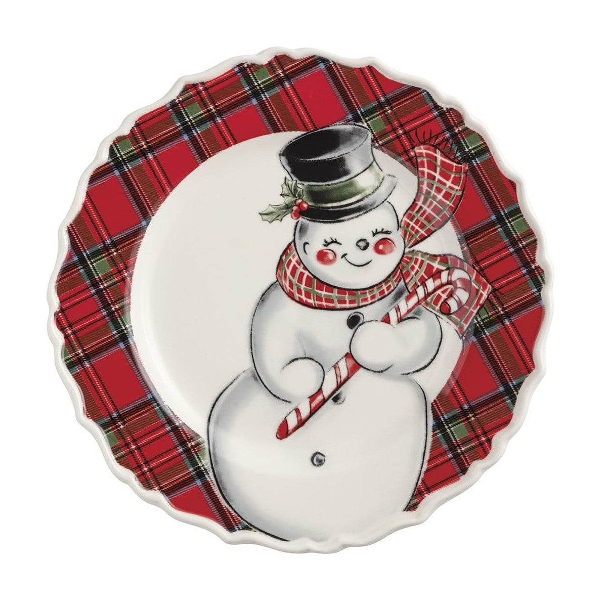 ceramic snowman plate with tartan edge against a white background