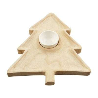 Wooden Christmas tree-shaped plate with a white center on a white background