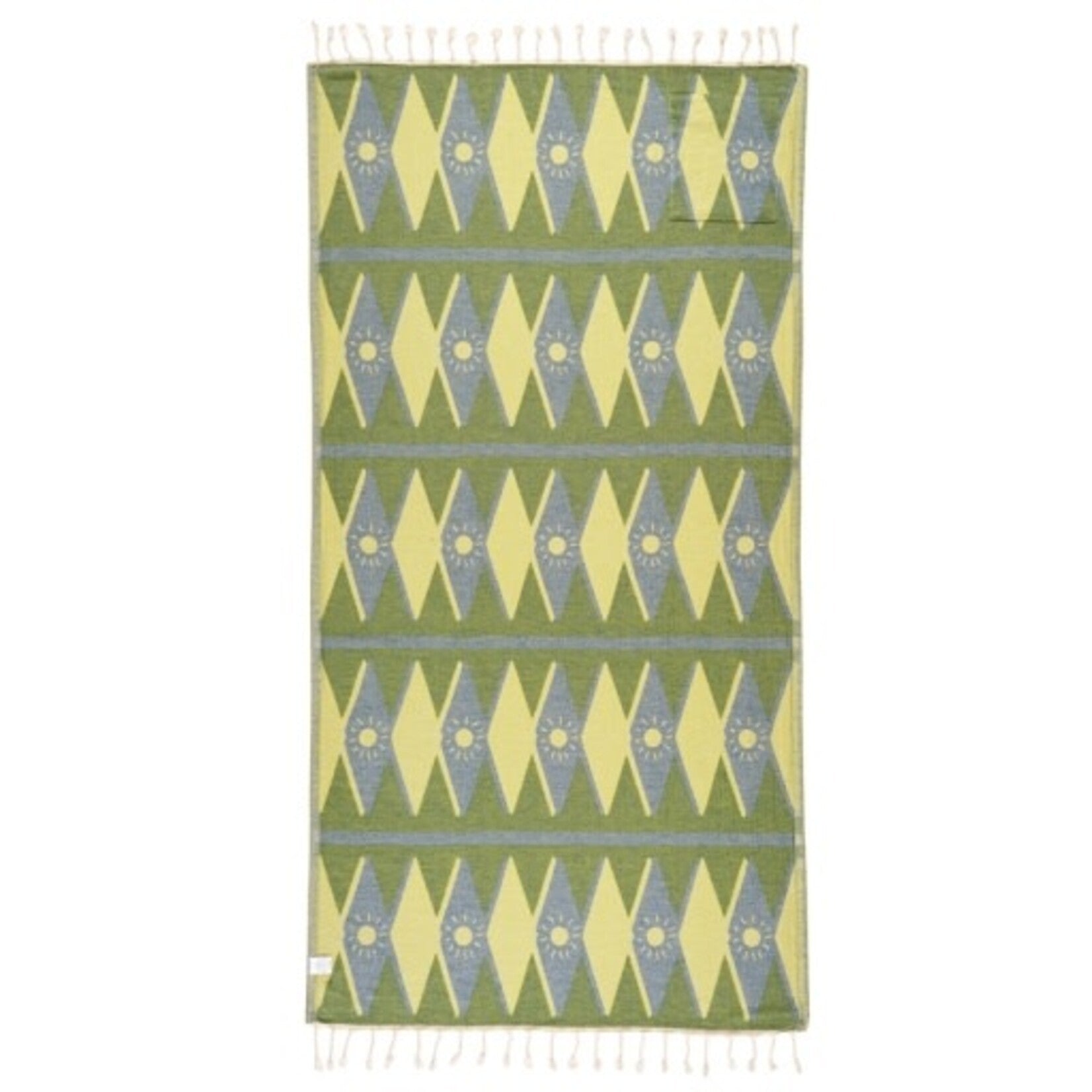 Green and blue patterned towel with white fringes on a white background