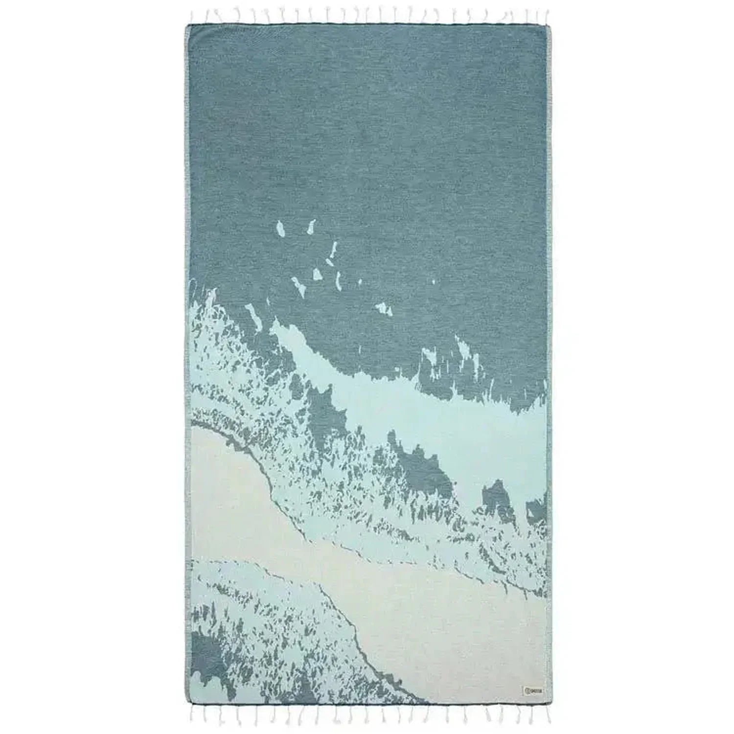 A beach towel with a beach scene design, featuring a calm sea and sunset, with twisted tassels on the edges.