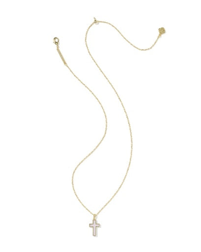 Gold necklace with a cross pendant on a white background